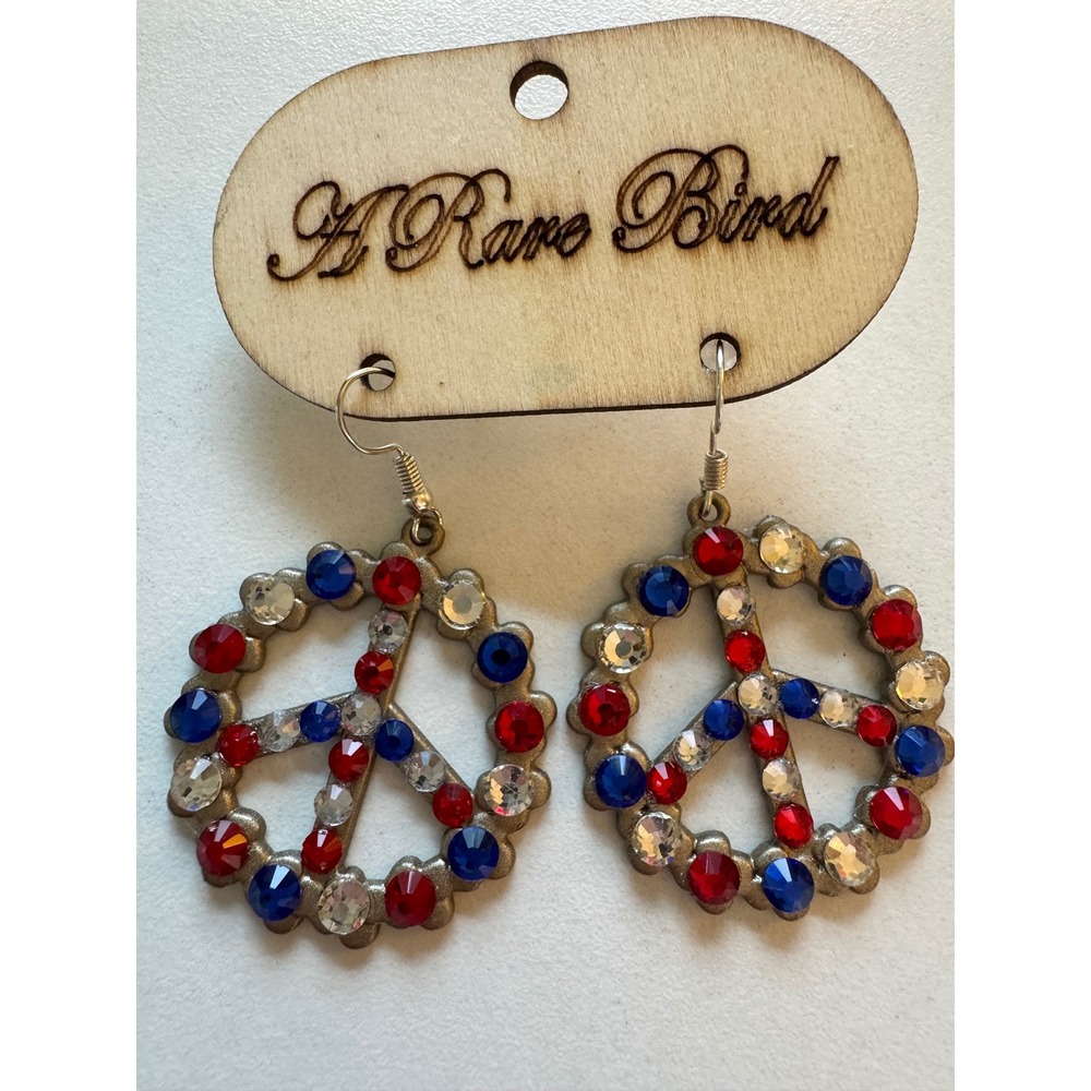A Rare Bird Peace Sign Earrings Red White Blue Rhinestone Patriotic Dangle NEW